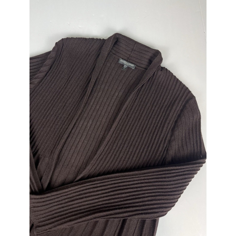 Eileen Fisher Brown Ribbed Washable Wool Crepe Cascading Cardigan Size PM